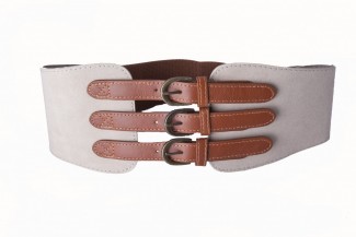 LR Taupe Elastic and Leather Three-Buckle Belt