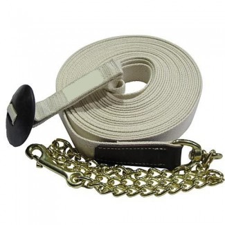 26ft. Top quality cotton webbing with rubber end stop and brass snap with 4 inch bonded leather tab at snap and 20 lnch lead chain