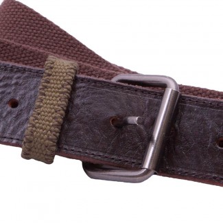 Brown and Olive Webbing Belt with Leather Detail
